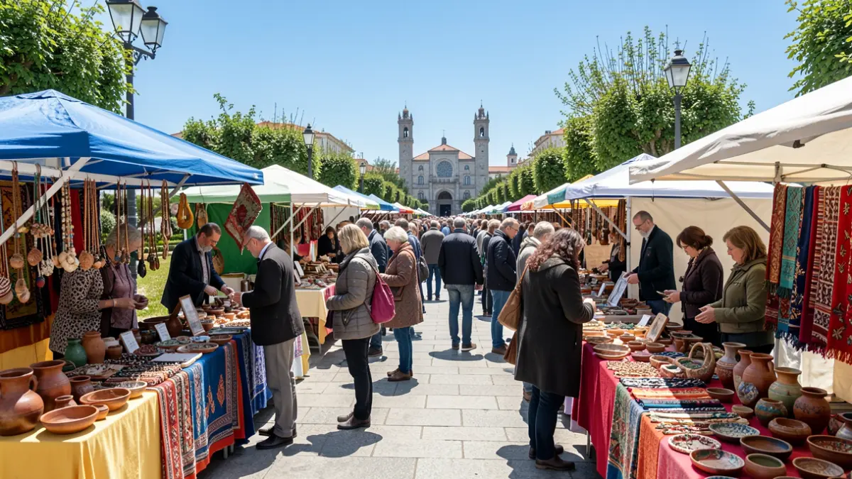 Imagen de un mercado de artesanía en A Coruña con puestos de venta y gente.