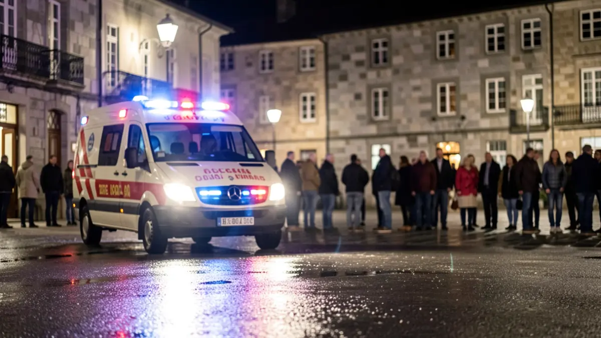 Imaxe xenérica de luces de ambulancia reflectidas nunha praza galega mollada pola chuvia.