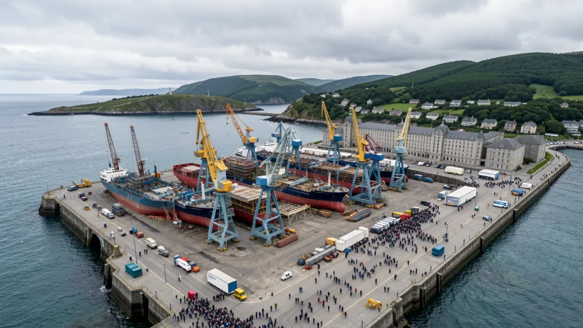 Vista aérea dun estaleiro con guindastres e barcos en construción na costa galega.