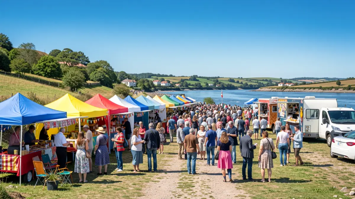Imagen genérica de un festival al aire libre en Galicia con carpas, food trucks y gente.
