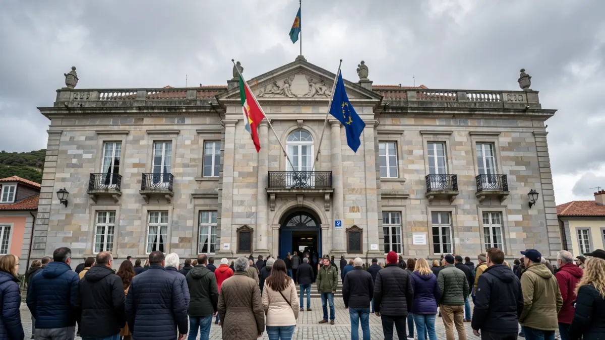 Fachada de la Escuela Naval Militar de Marín, Galicia, con arquitectura de granito y banderas, bajo un cielo nublado atlántico.