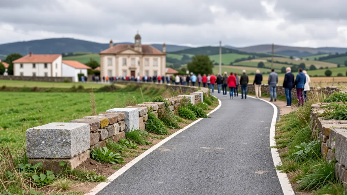 Imagen de una nueva senda peatonal y ciclista en construcción en un paisaje rural gallego con elementos de granito y vegetación verde.