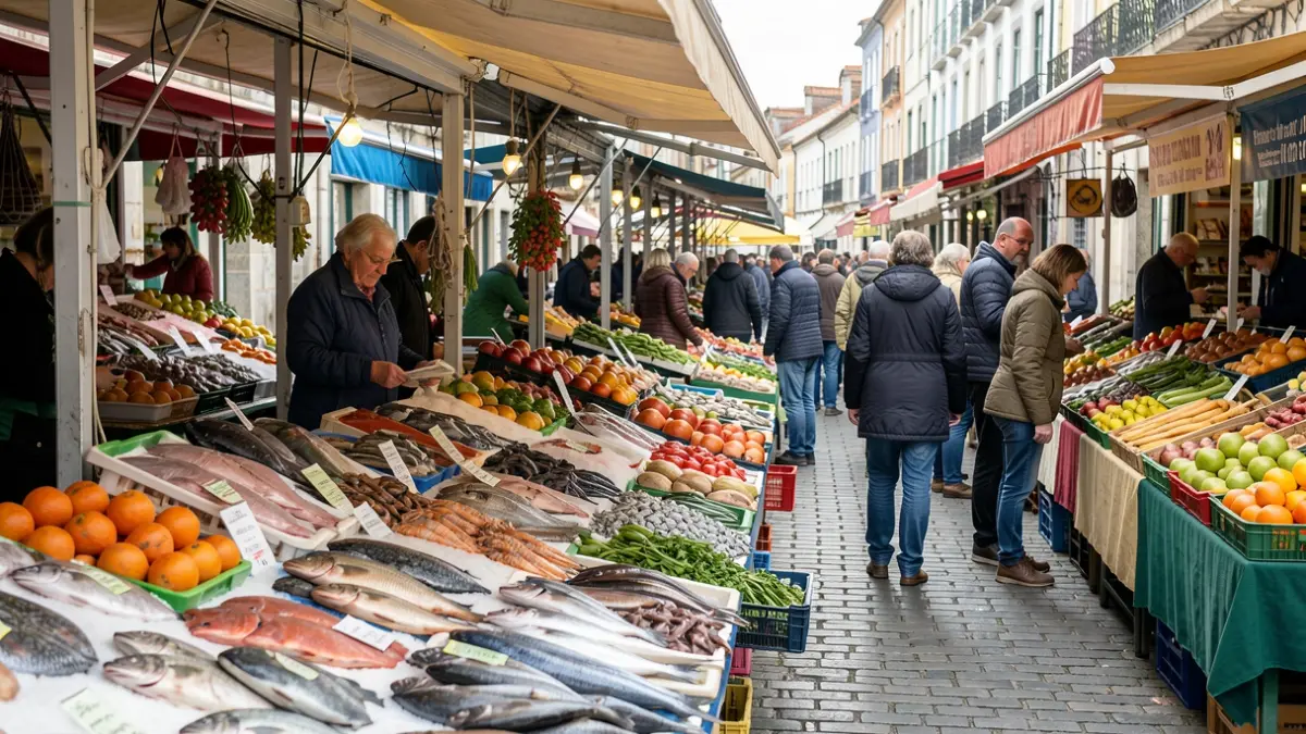 Imaxe xenérica dun mercado coruñés con produtos frescos do mar e da terra.