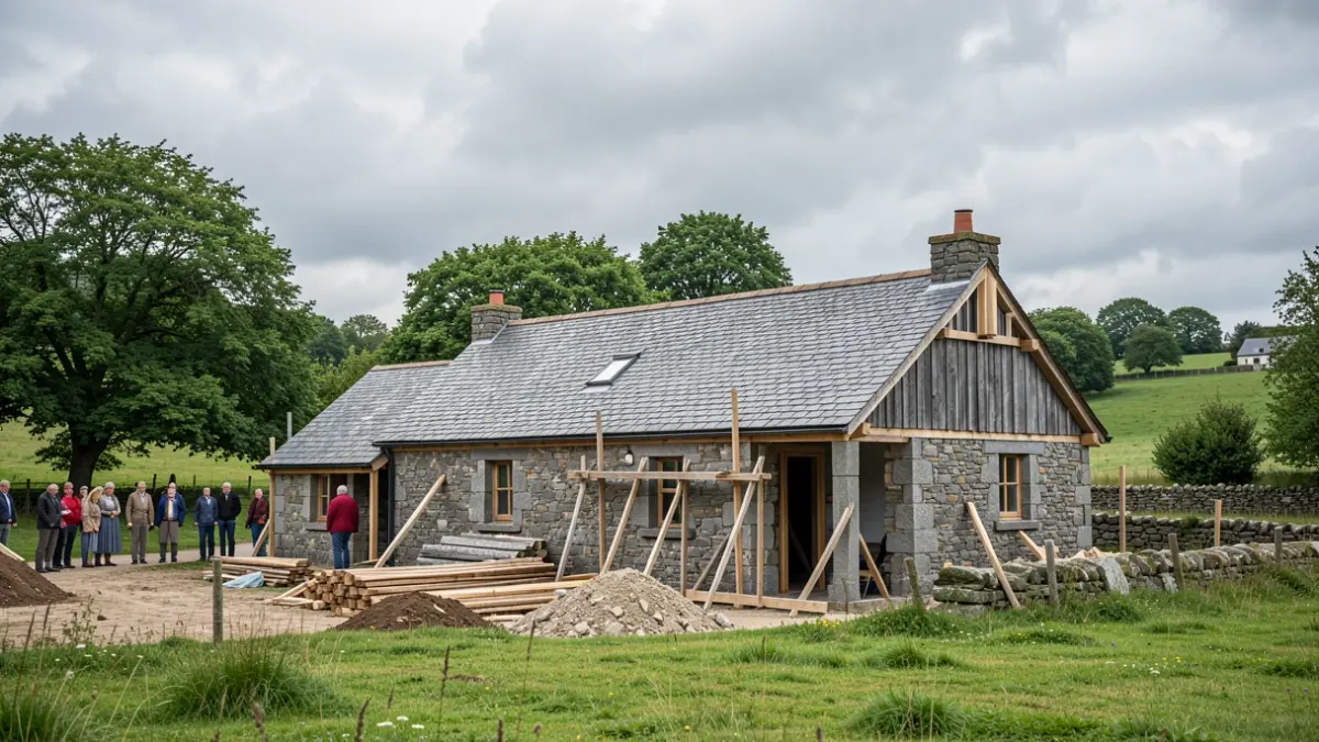 Imagen genérica de construcción de un edificio rural en Galicia con tejado de pizarra y elementos de madera.