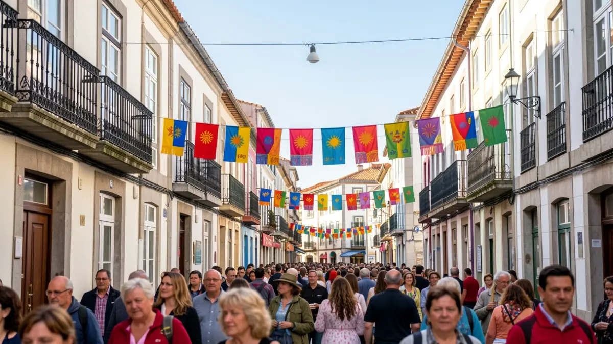 Imagen genérica de una calle festiva en Novo Mesoiro, A Coruña, con pancartas y gente.