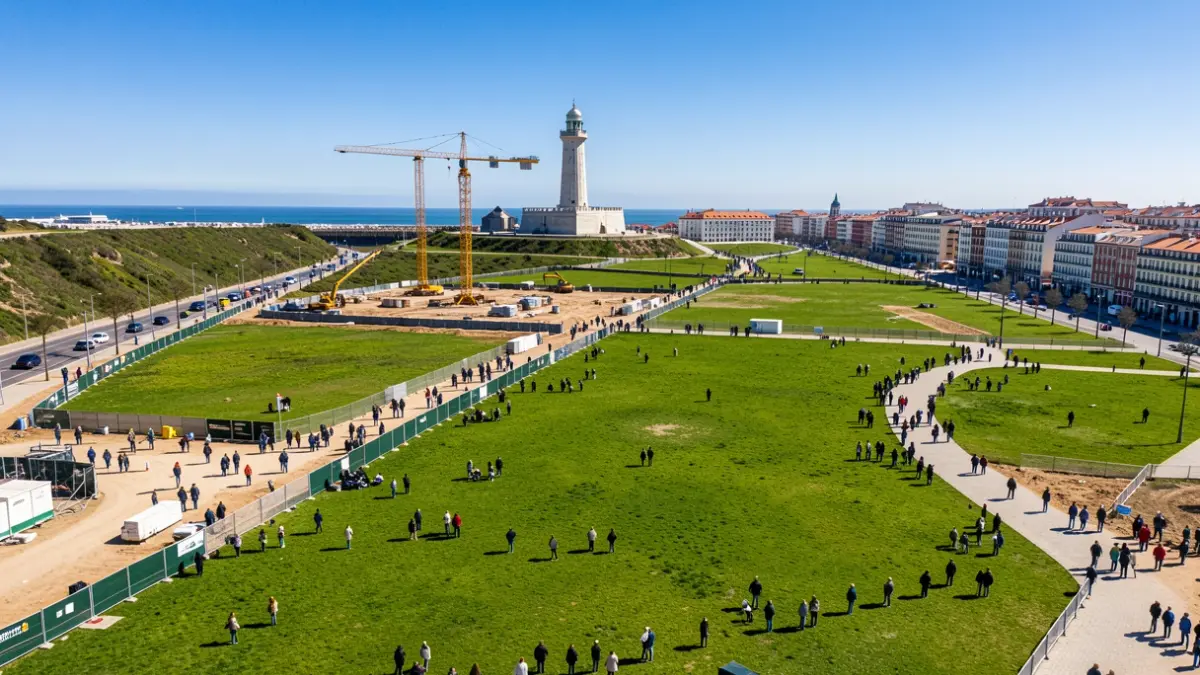 Imaxe aérea dunha gran zona verde en construción en Monte Alto, A Coruña, coa Torre de Hércules de fondo.