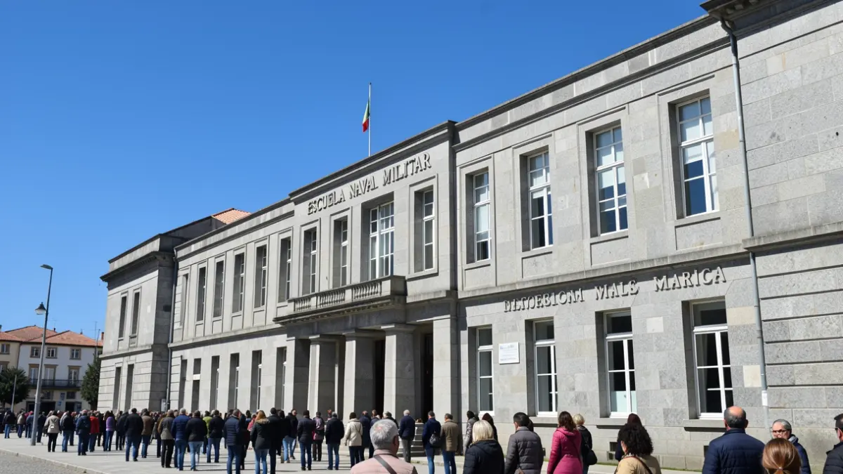 Fachada de granito da Escola Naval Militar en Marín, Galicia, baixo un ceo azul.