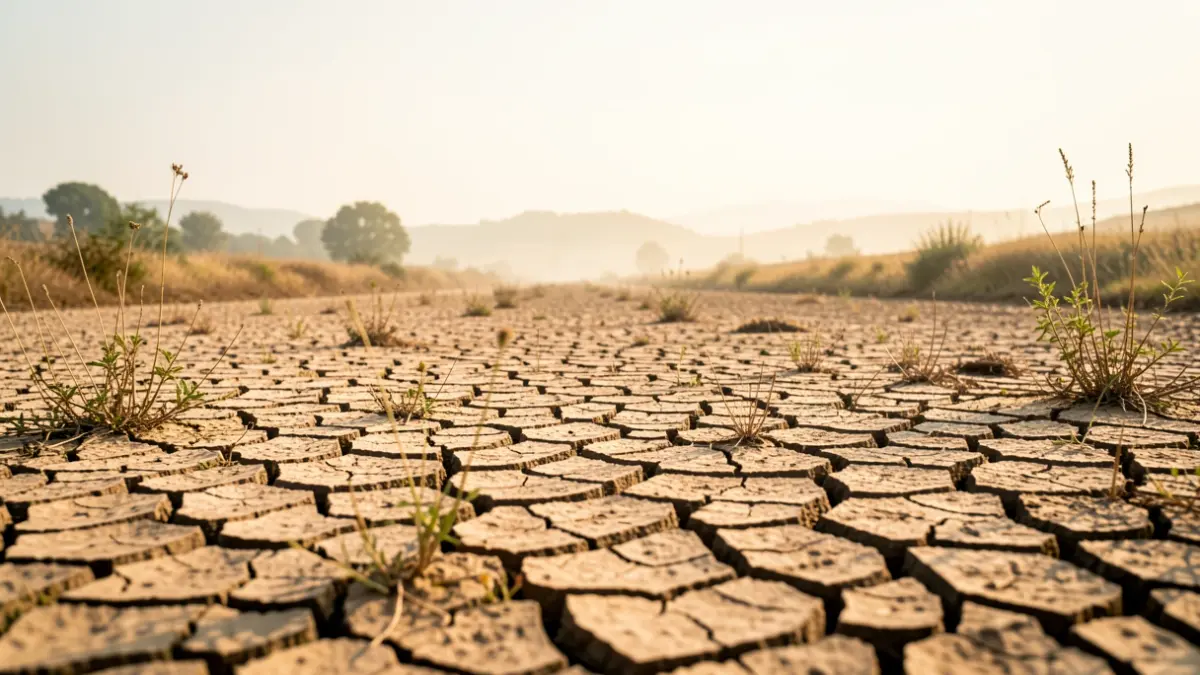 Imaxe dun leito de río seco en Galicia con terra gretada e ceo nubrado.
