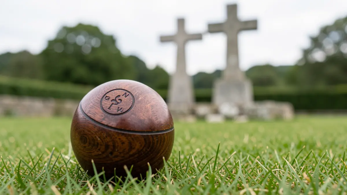 Imagen de una bola de bolos tradicional gallega de madera oscura sobre césped verde, con un cruceiro de granito desenfocado al fondo.