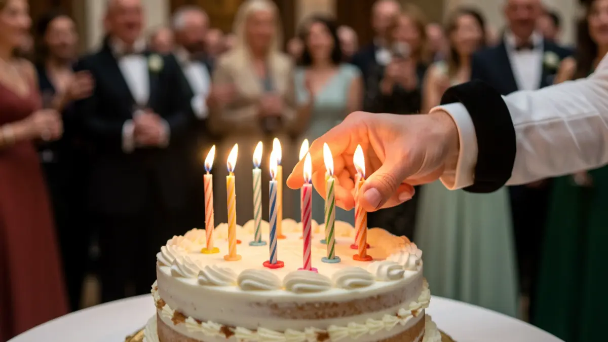 Primer plano de una tarta de boda con velas encendidas, una mano extendida para apagarlas, fondo desenfocado de una celebración.