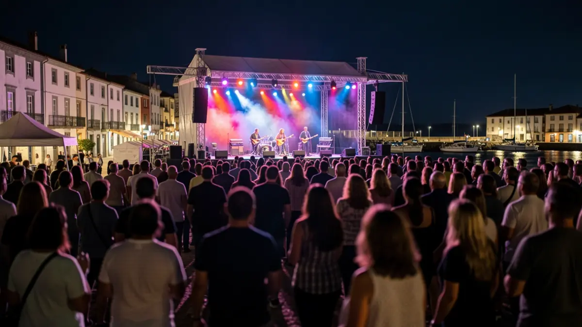 Imagen de un festival de música al aire libre por la noche en un pueblo costero gallego, con luces de escenario y siluetas de gente.