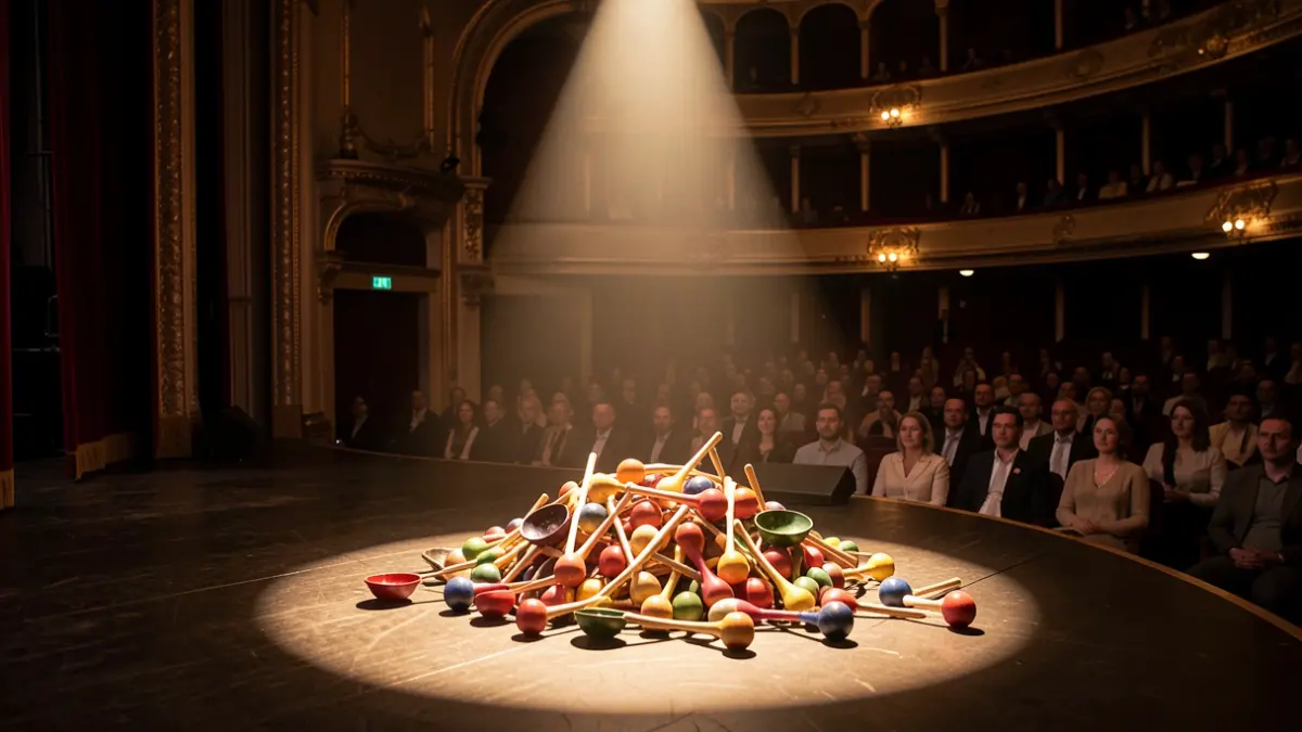 Imaxe dun escenario de teatro con malabares e un ambiente de caos divertido.