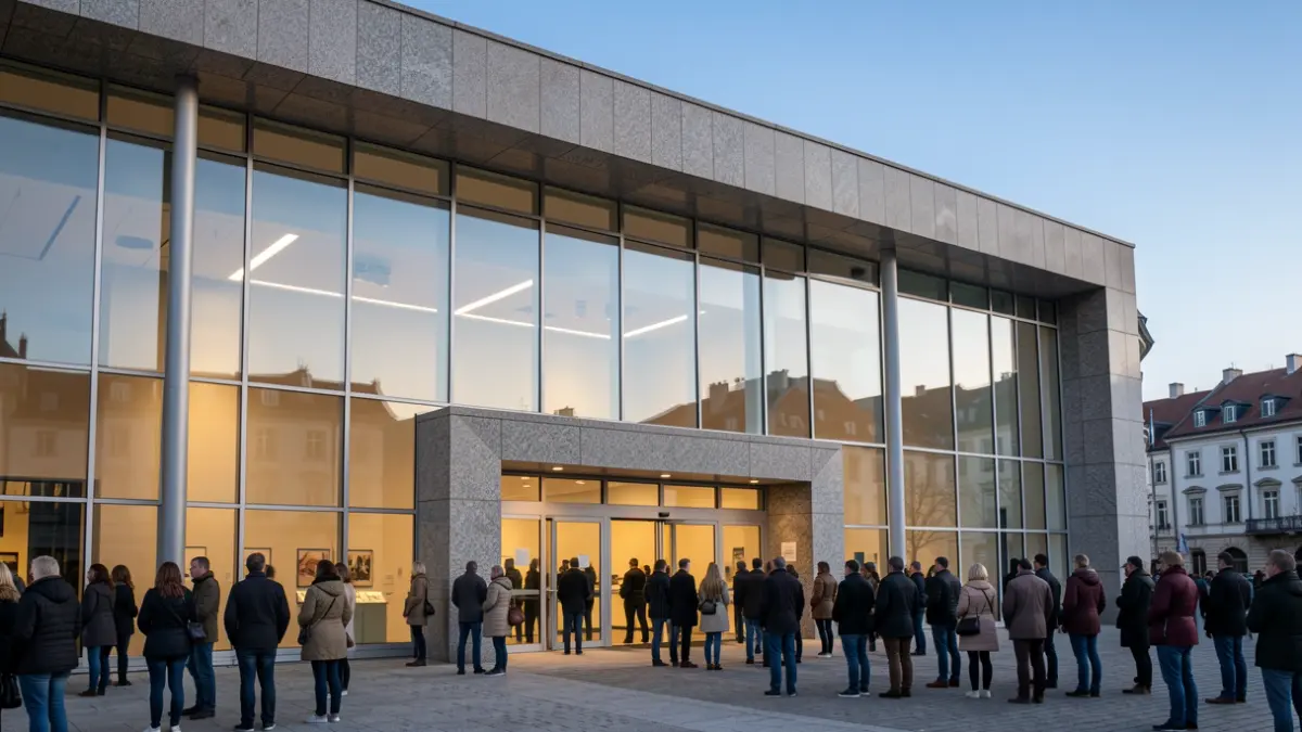 Imagen genérica de un auditorio moderno con fachada de granito y ventanas de cristal.