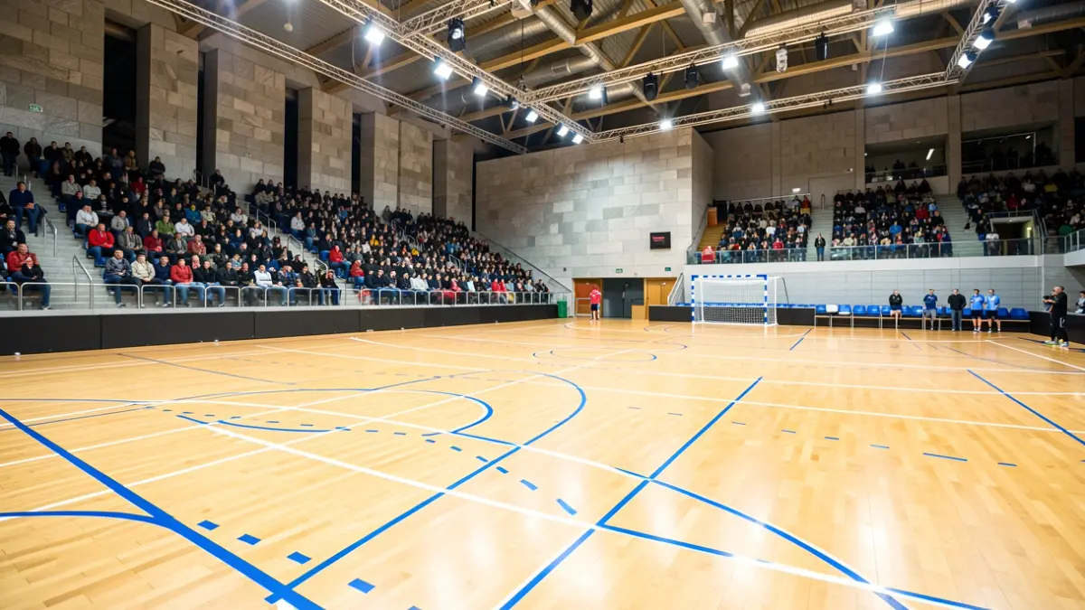 Imagen genérica de un pabellón deportivo gallego con cancha de balonmano vacía e iluminación brillante, anticipando un evento de élite.