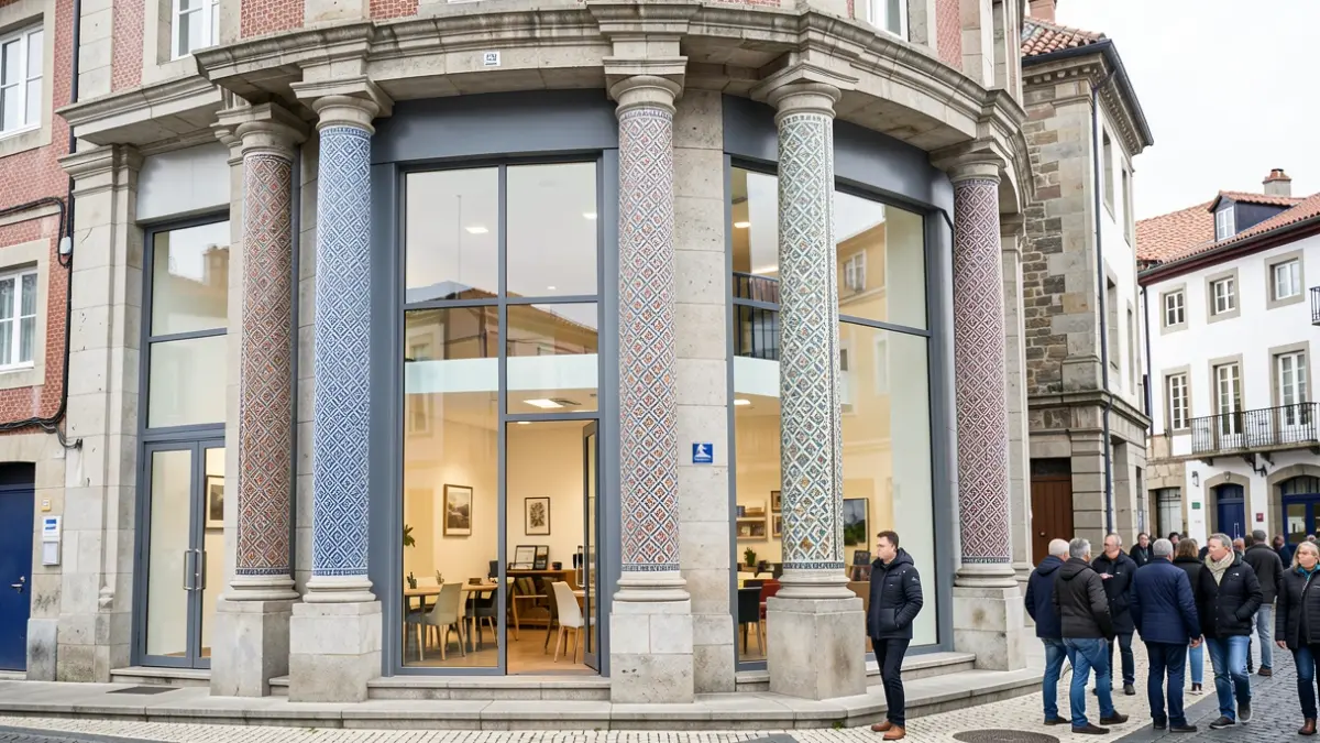 Fachada de un edificio rehabilitado con columnas de mosaico y acabados modernos en Ferrol.