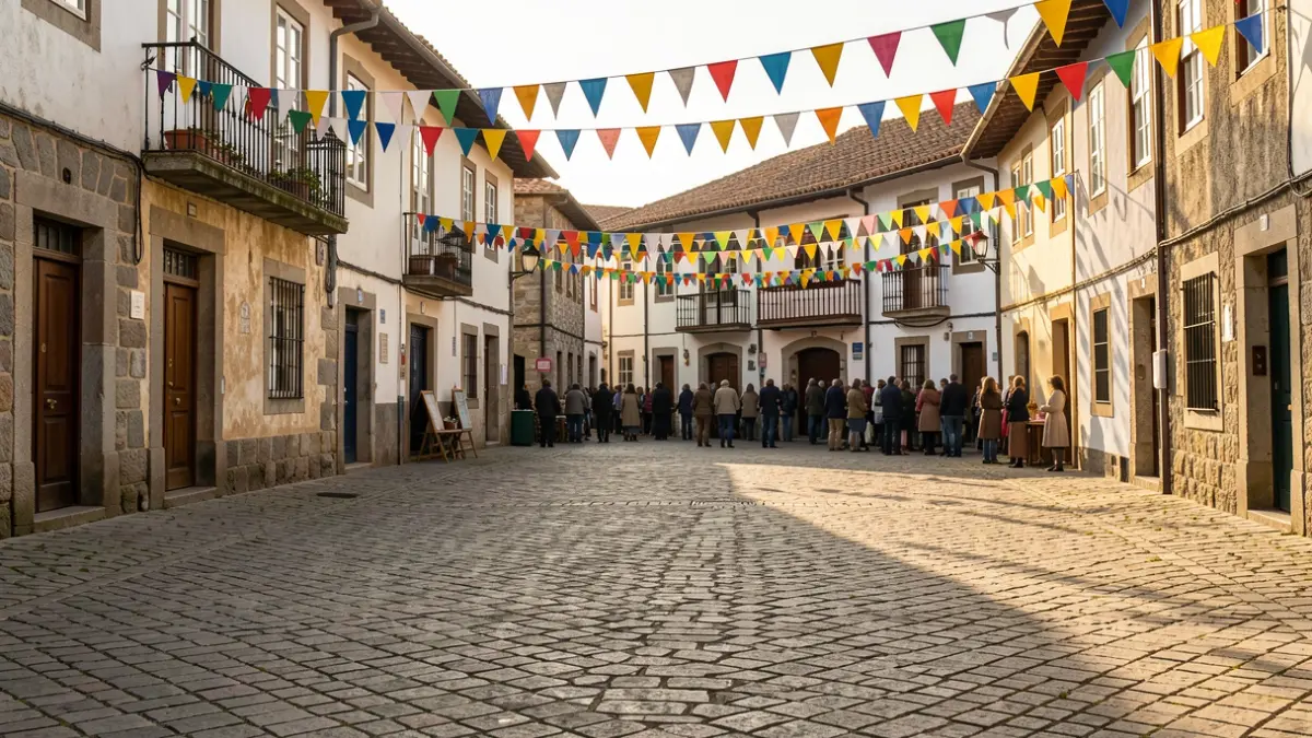 Imaxe dunha praza decorada con luces festivas nun barrio galego.