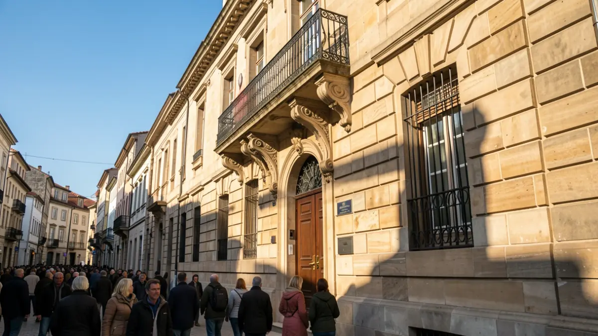 Imagen genérica de un ayuntamiento de Galicia con balcón de hierro y luz solar.