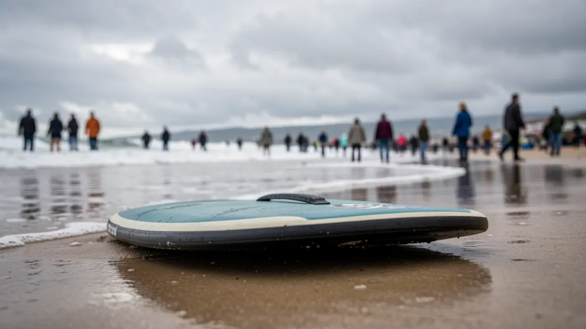 Imaxe xenérica de bodyboard na praia con ceo nubrado.
