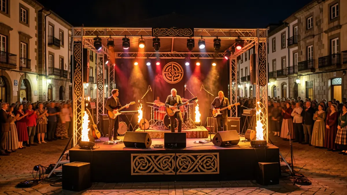Imaxe dun escenario de música folk e rock con elementos simbólicos de lume e motivos celtas.