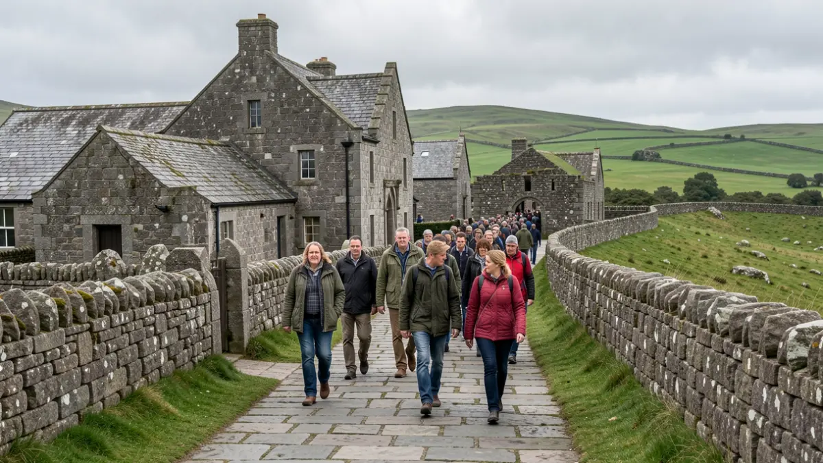 Imaxe xenérica de peregrinos camiñando por unha ruta galega con arquitectura de granito.