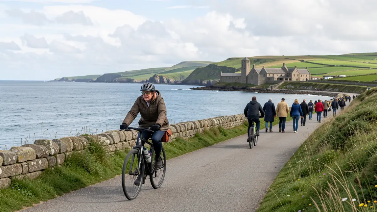 Imaxe dun ciclista percorrendo un sendeiro costeiro en Galicia, con arquitectura de granito e paisaxe verde atlántica de fondo.
