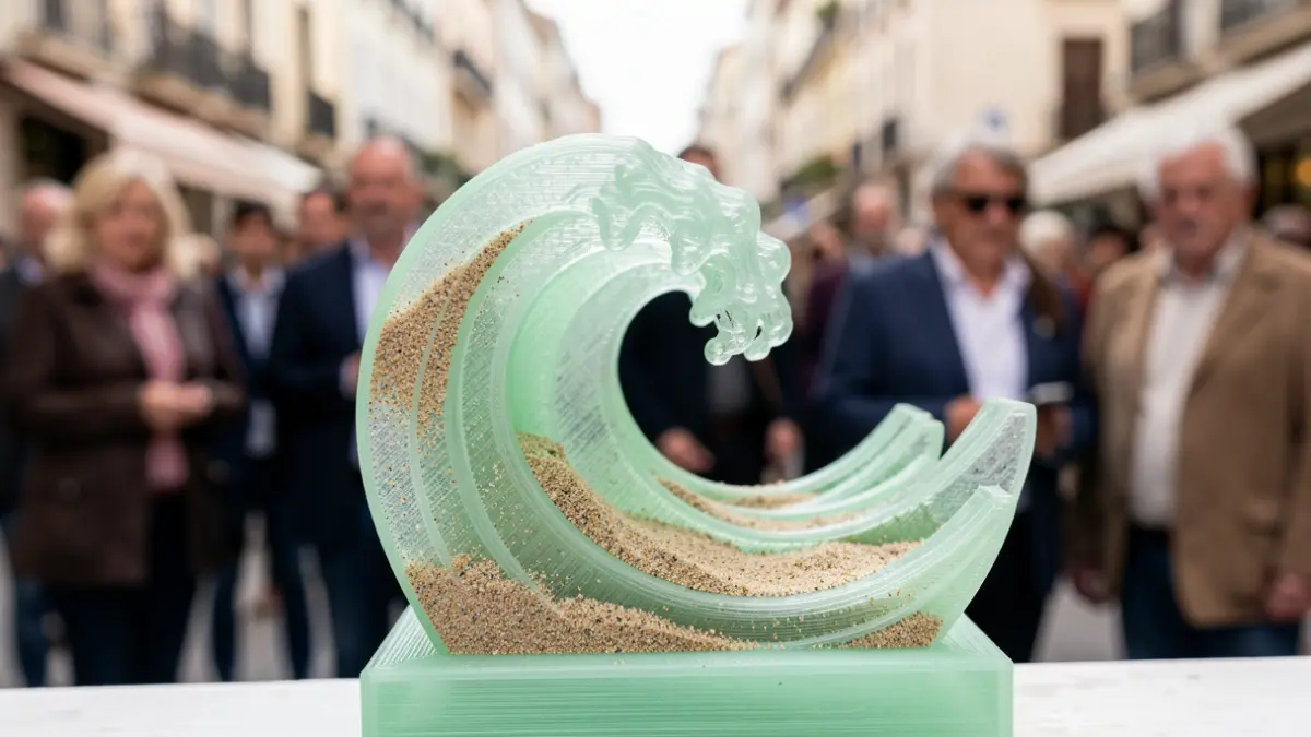 Un trofeo impreso en 3D con forma de onda rompiendo, que incorpora area da praia de Pantín.