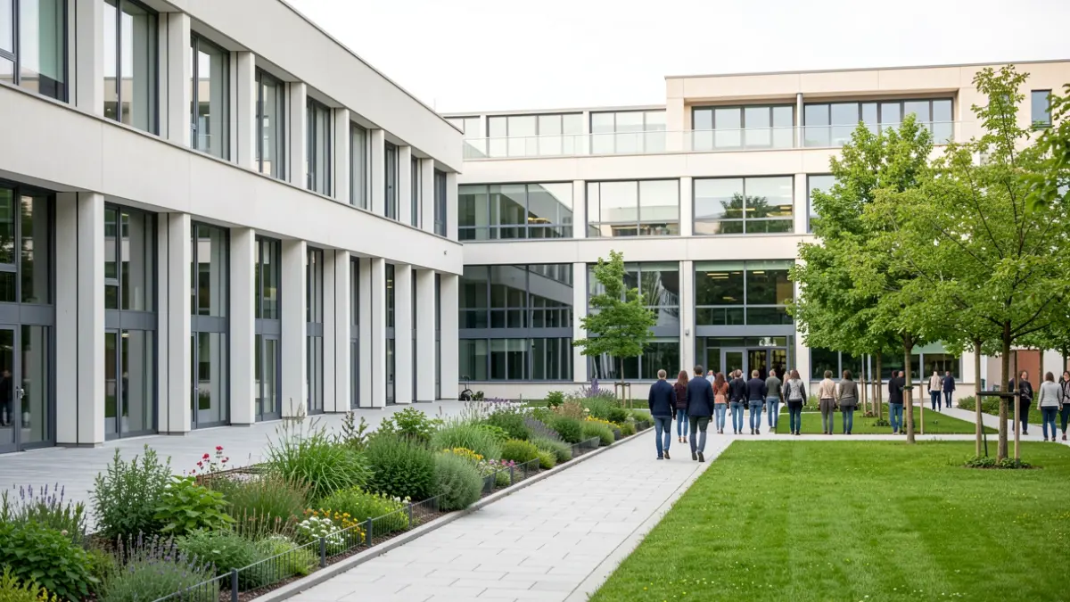 Imagen genérica de un edificio universitario moderno con espacios verdes.