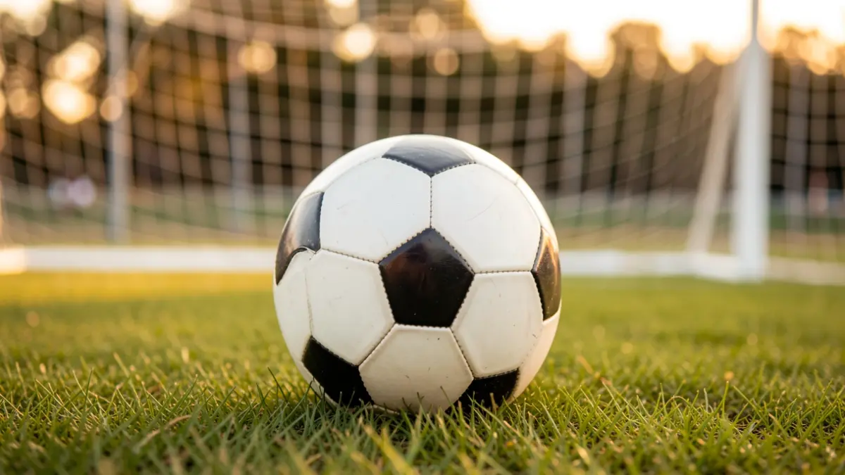Imagen genérica de un balón de fútbol sobre césped con una red borrosa al fondo.