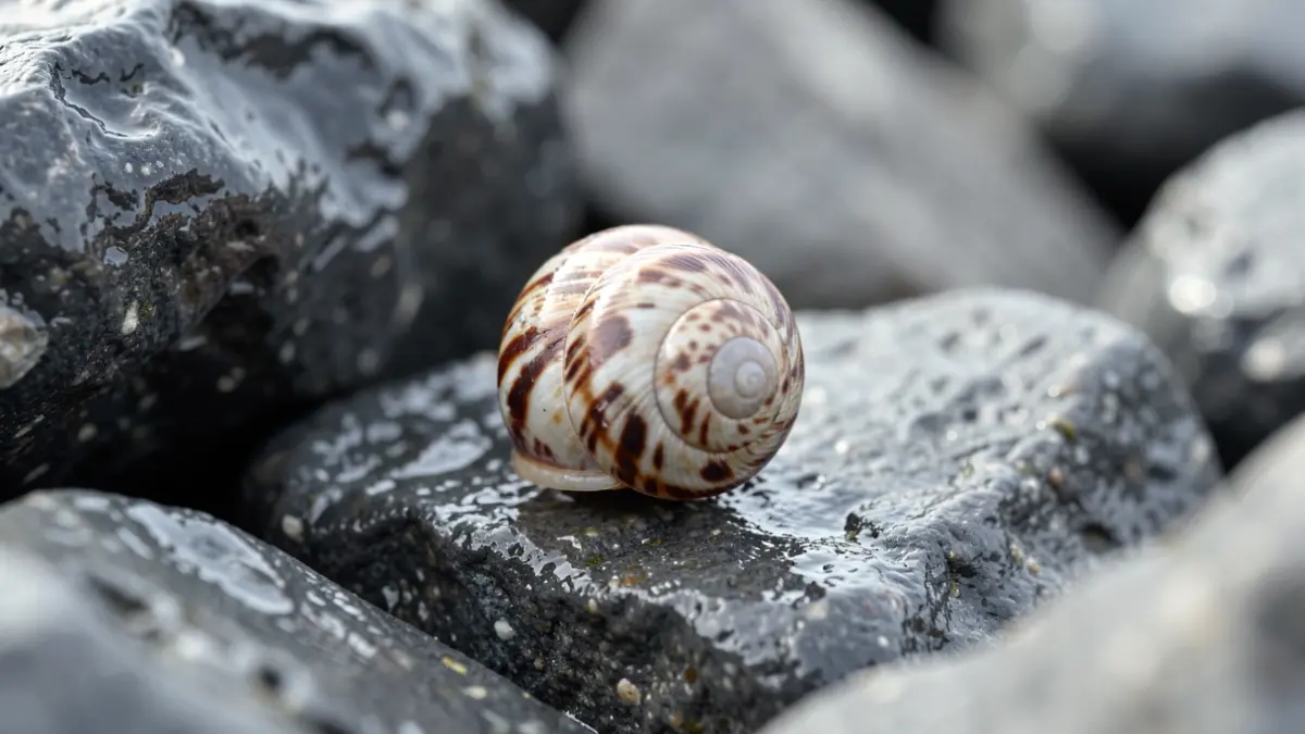 Imaxe xenérica de cuncha de caracol mariño sobre rochas molladas.