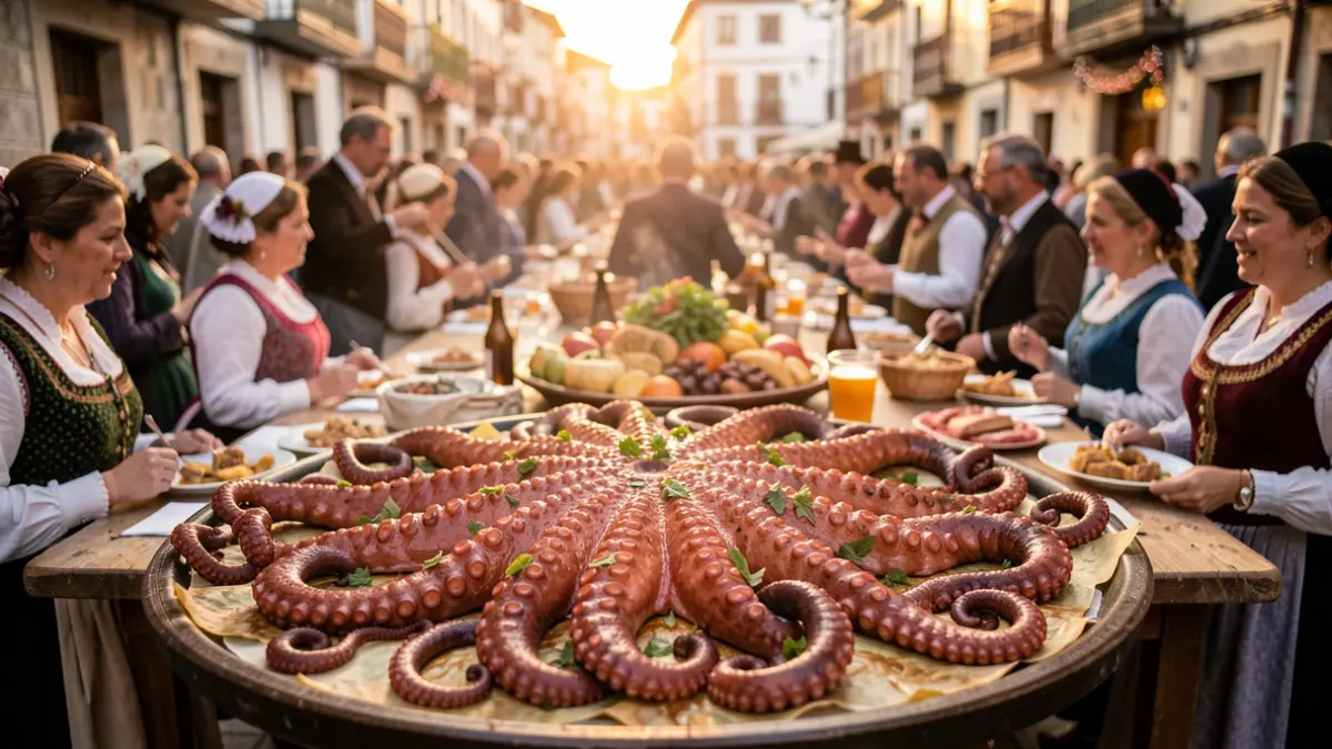 Imaxe xenérica dunha festa gastronómica galega co polbo como protagonista.
