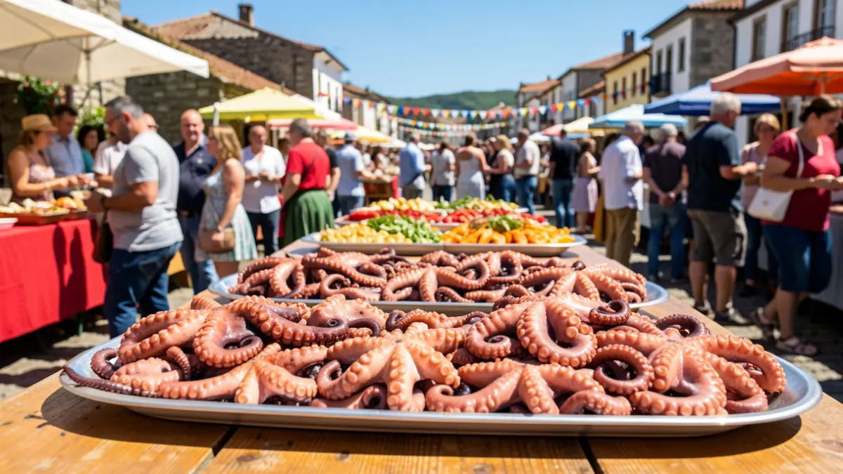Imaxe xenérica dunha festa gastronómica ao aire libre en Galicia con polbo como protagonista.