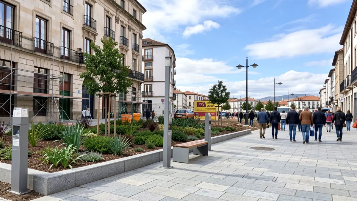 Imaxe xenérica de obras urbanas en Galicia con zonas verdes e mobiliario.