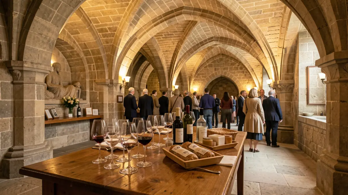 Imaxe dunha sala histórica preparada para unha cata de viños no Castelo de Soutomaior.