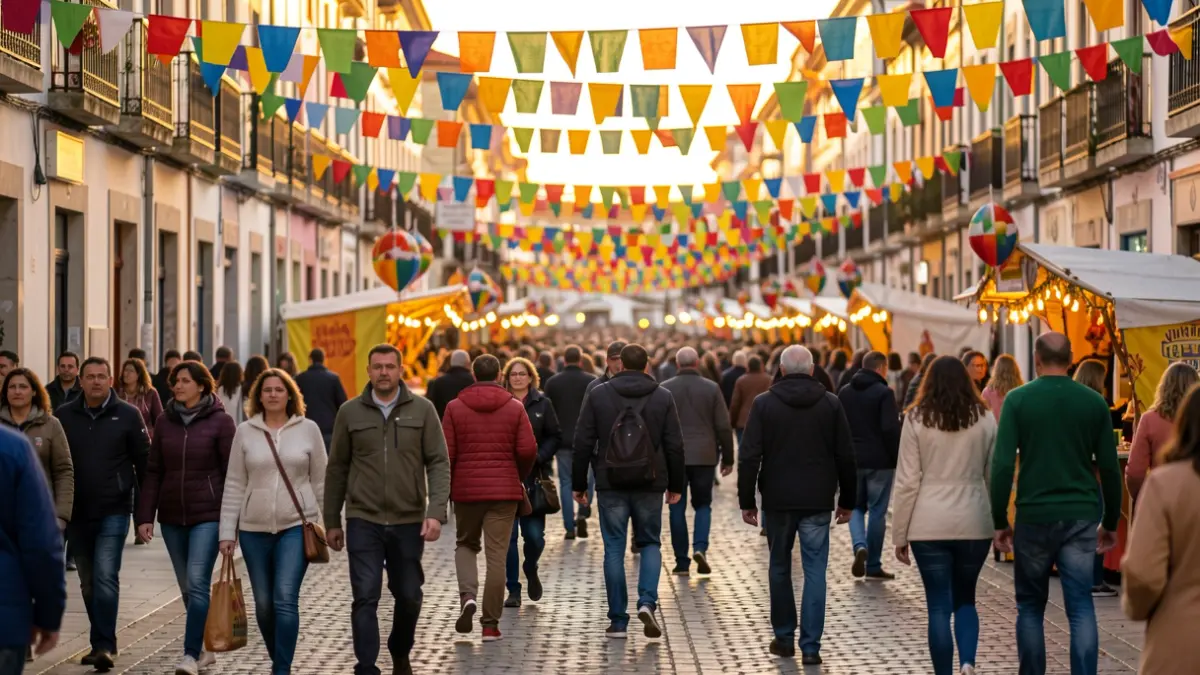 Imagen genérica de una calle festiva en A Coruña con pancartas y gente difuminada.