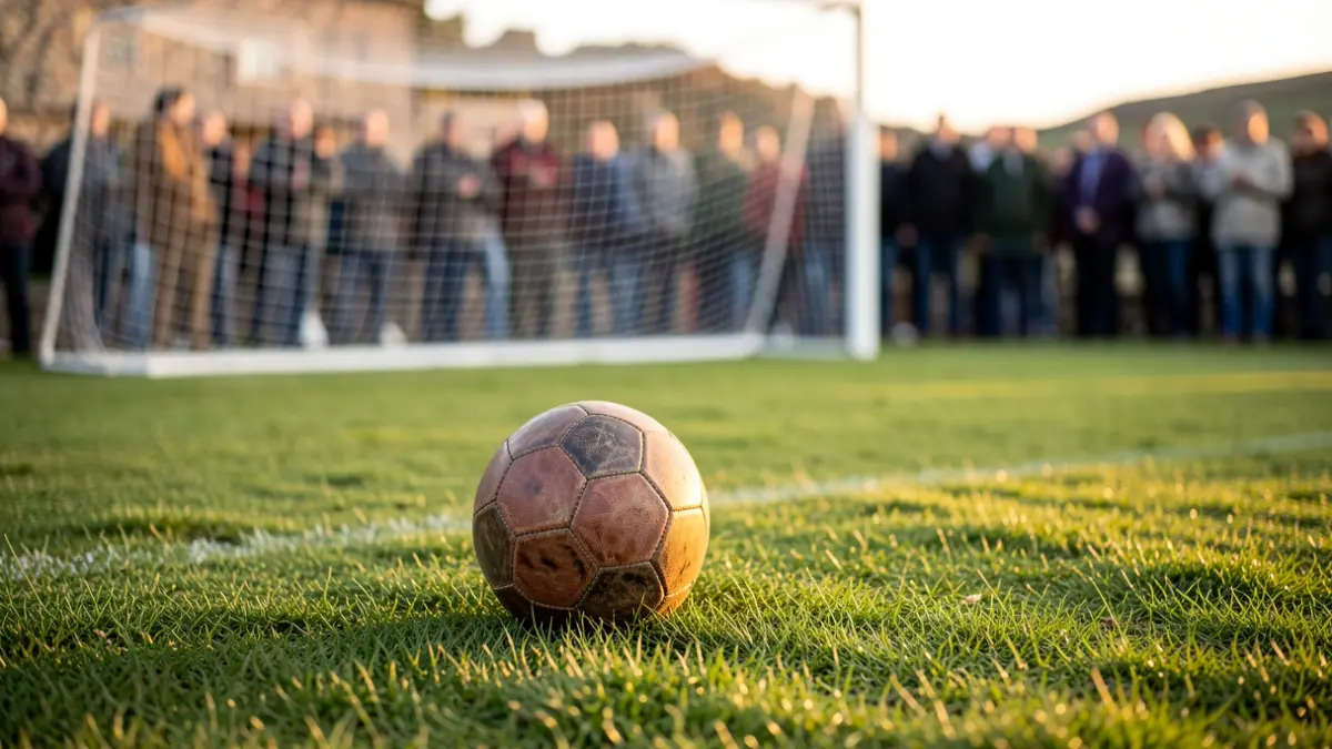Imaxe xenérica dun balón de fútbol sobre herba cunha portería desenfocada.