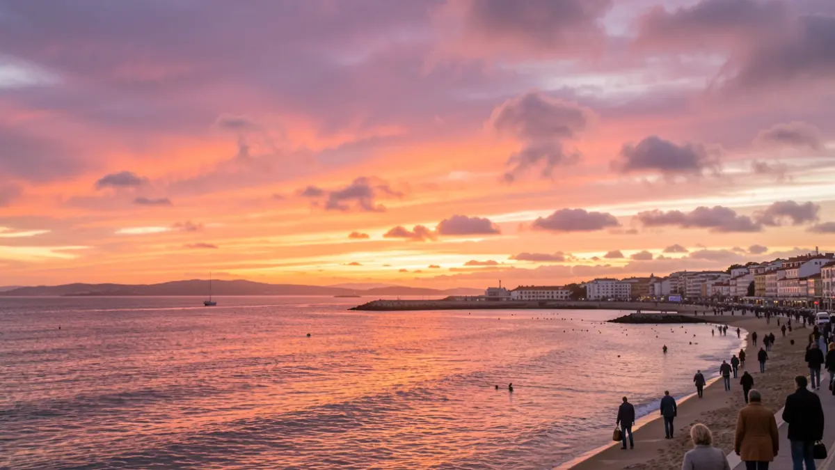 Imaxe xenérica dun atardecer espectacular na baía do Orzán, A Coruña, con tons laranxas, rosas e malvas.