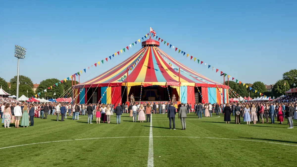 Imaxe xenérica dunha gran carpa de circo instalada nun campo de fútbol.