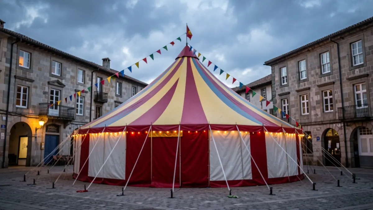 Imaxe xenérica dunha carpa de circo nunha praza galega ao atardecer.