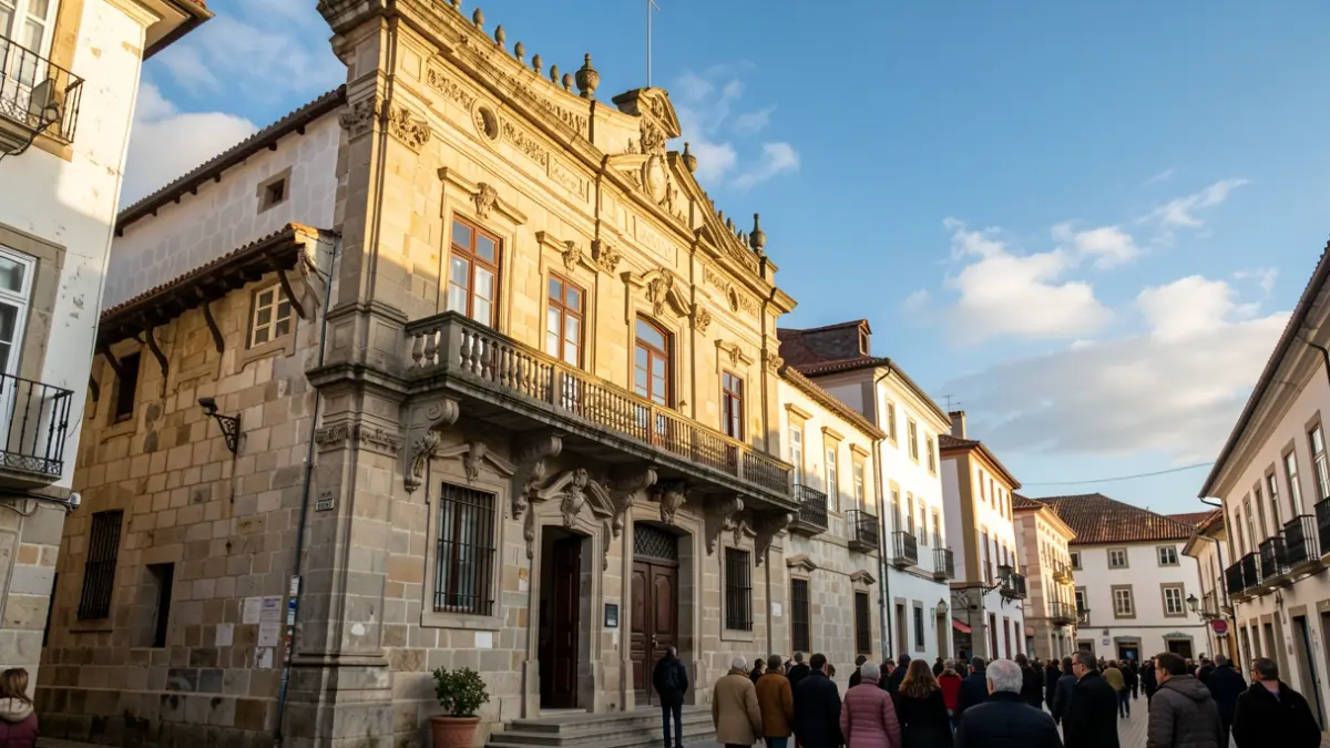 Fachada de piedra de un ayuntamiento histórico en Galicia, con detalles ornamentales y balcón, bajo la luz del sol de la tarde.