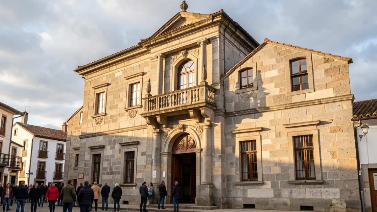 Imaxe xenérica dun concello galego de pedra con balcón e ceo nubrado.