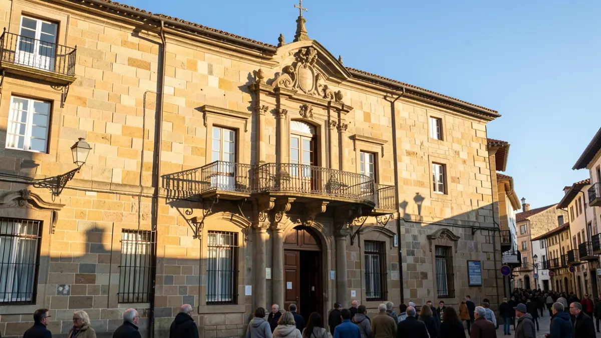 Imagen genérica de un ayuntamiento de piedra tradicional gallego con balcón y rejas de hierro, a la luz del sol de la tarde.