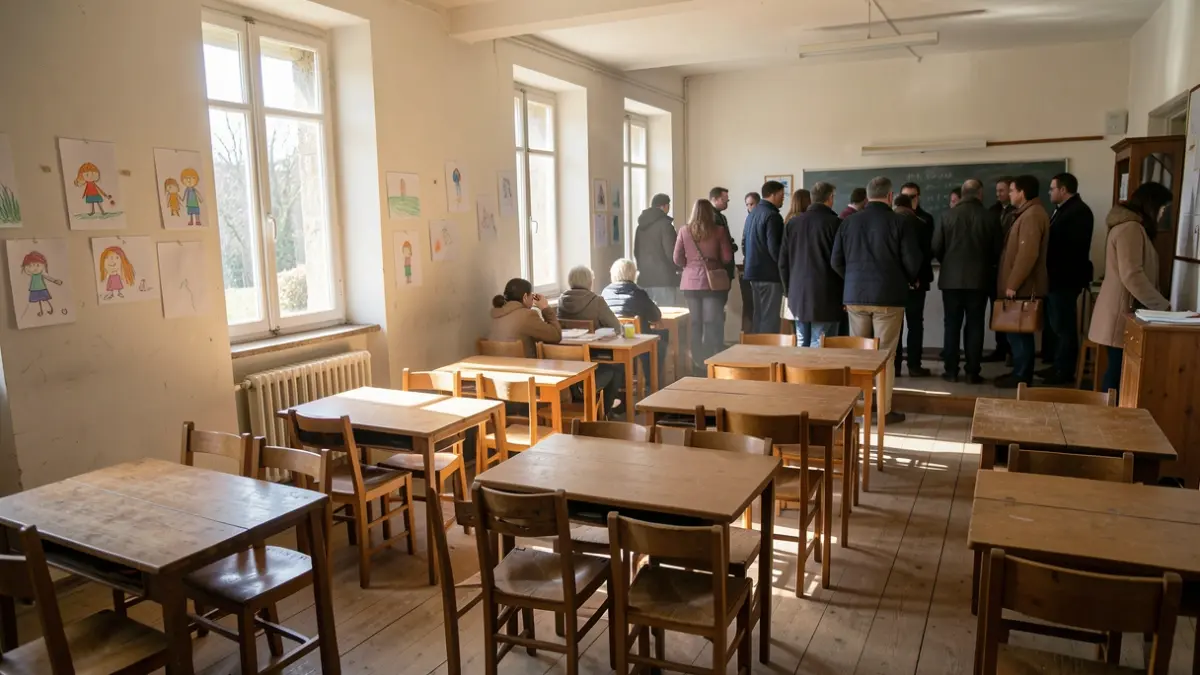 Imagen genérica de un aula vacía en una escuela rural gallega con luz solar entrando por la ventana.