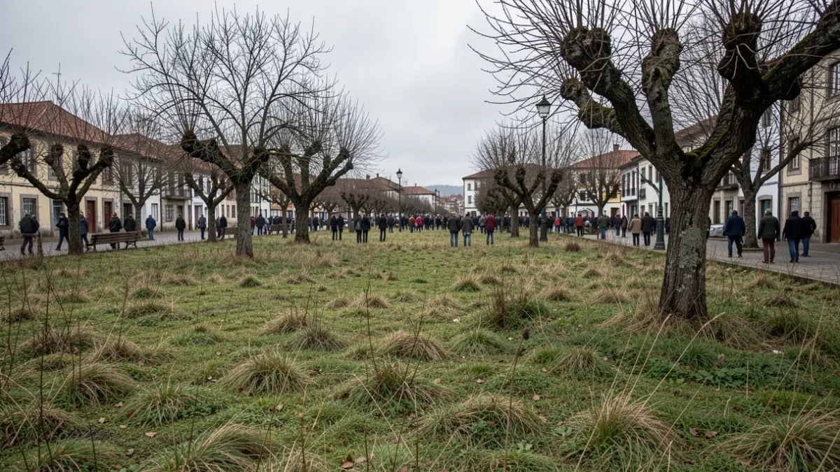 Imagen genérica de un parque público gallego abandonado, con hierba alta y árboles viejos bajo un cielo nublado.