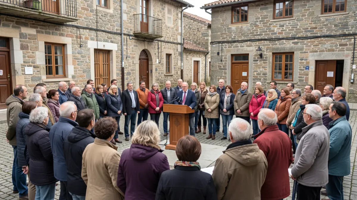 Imagen genérica de una reunión vecinal en una plaza de Galicia con arquitectura de piedra.