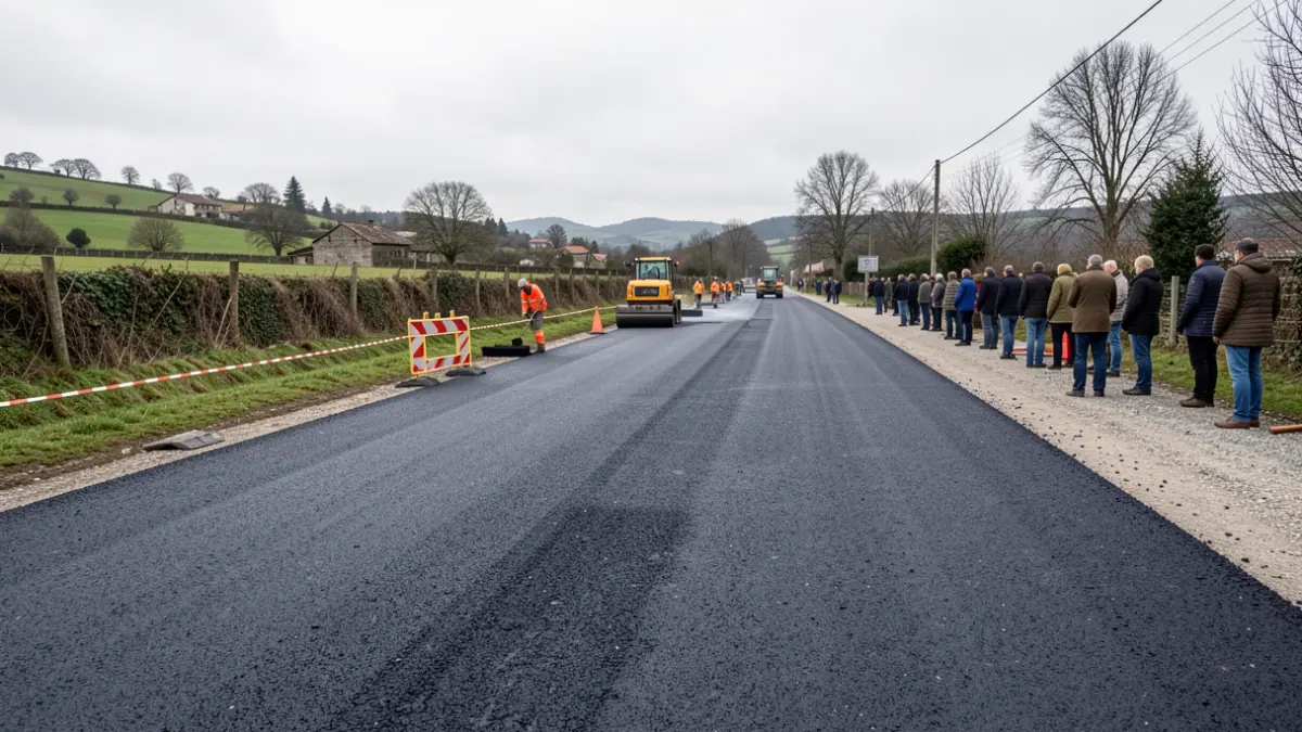 Imagen genérica de obras de asfaltado en una carretera rural gallega.