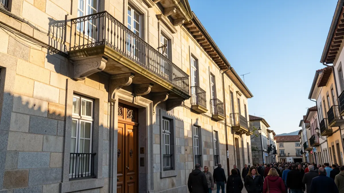 Imagen genérica de un ayuntamiento gallego de granito con balcón ornamentado y barandillas de hierro, bajo la luz del sol de la tarde.