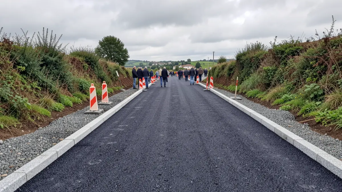 Imagen genérica de obras en una carretera rural gallega con barreras de construcción.