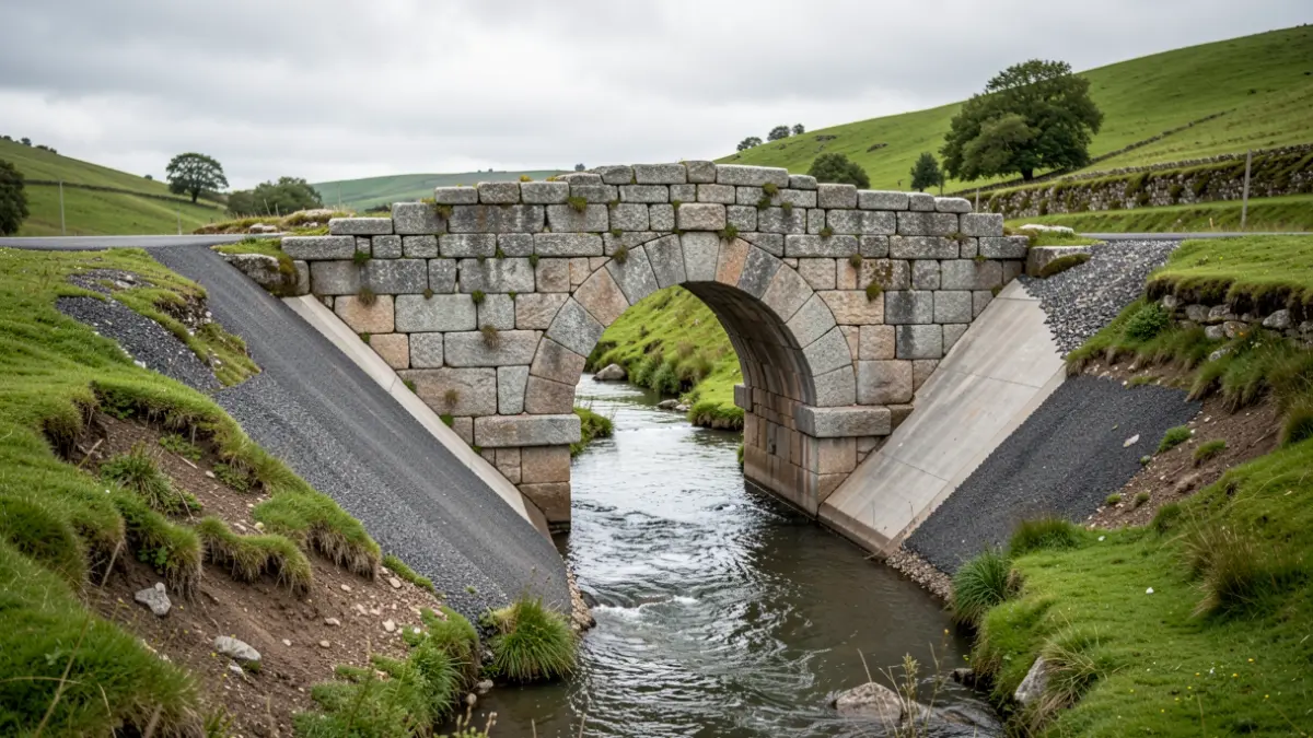 Imaxe dun tramo da Ponte romana das Amíndoas en O Porriño, parcialmente escavada e rodeada de formigón.