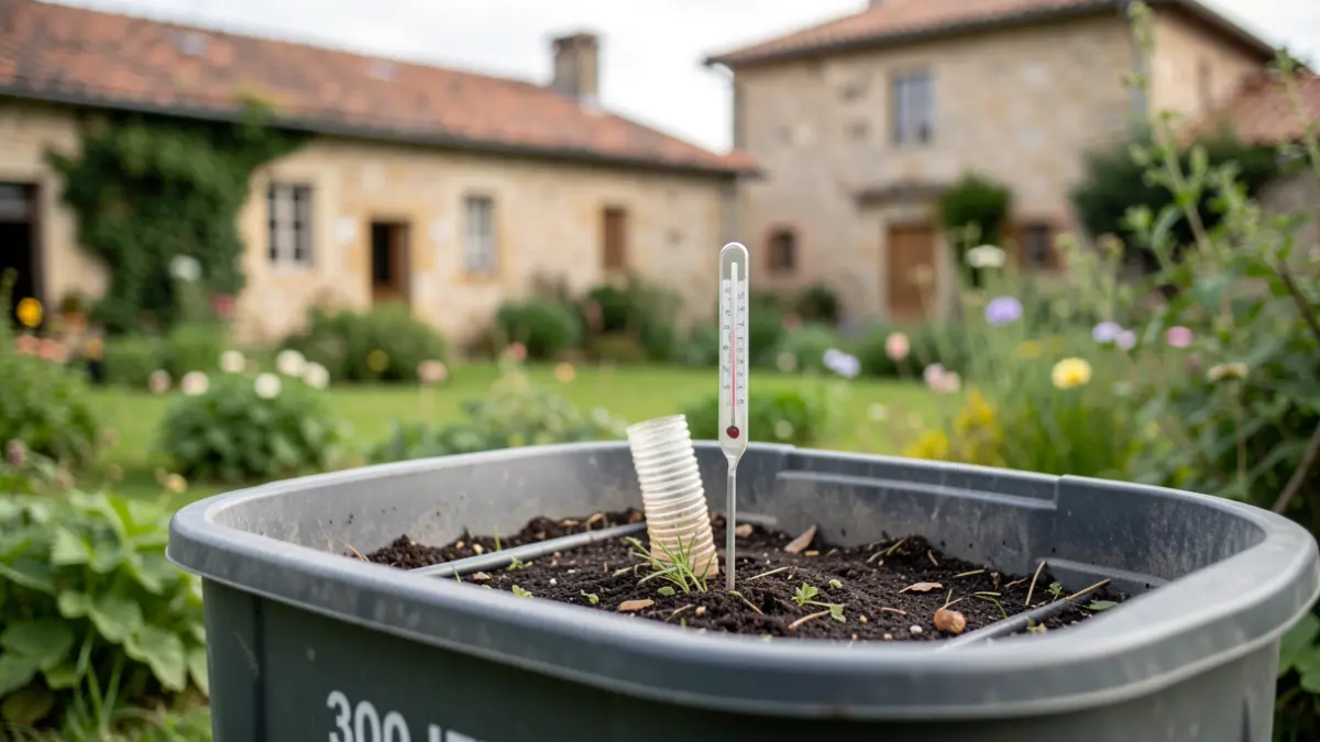 Compostador doméstico de 300 litros con aireador e termómetro nun xardín galego.