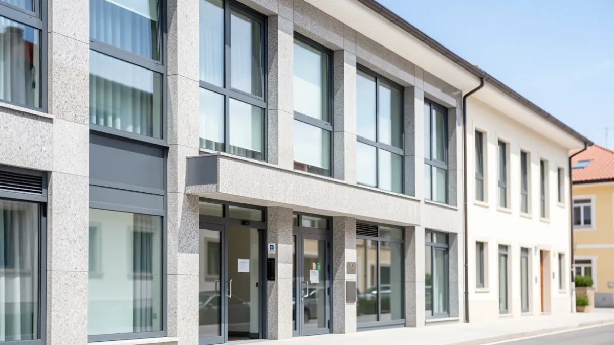 Imaxe xenérica dunha moderna residencia pública de maiores en Galicia con detalles de granito e fiestras amplas.
